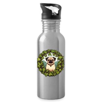 Pug in Ivy Wreath - Water bottle with straw - silver - Right