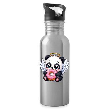 Cute Panda Angel with Wings and Donut Cartoon - Water bottle with straw - silver - Right