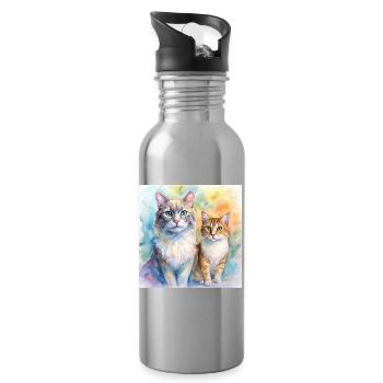 Watercolor Duo Cats Portrait - Water bottle with straw - silver - Right