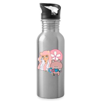 Kawaii Bear & Inclusive Tea Time - Water bottle with straw - silver - Right