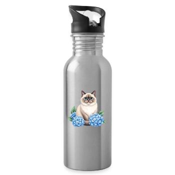 Cute Ragdoll Cat with Blue Hydrangeas - Water bottle with straw - silver - Right
