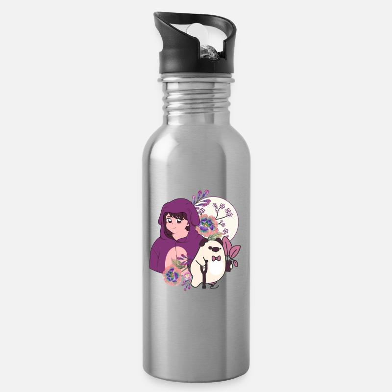 Anime-Mädchen und Schwein mit Prothesen- und Krückenkunst - Trinkflasche mit integriertem Trinkhalm - Lightsilver