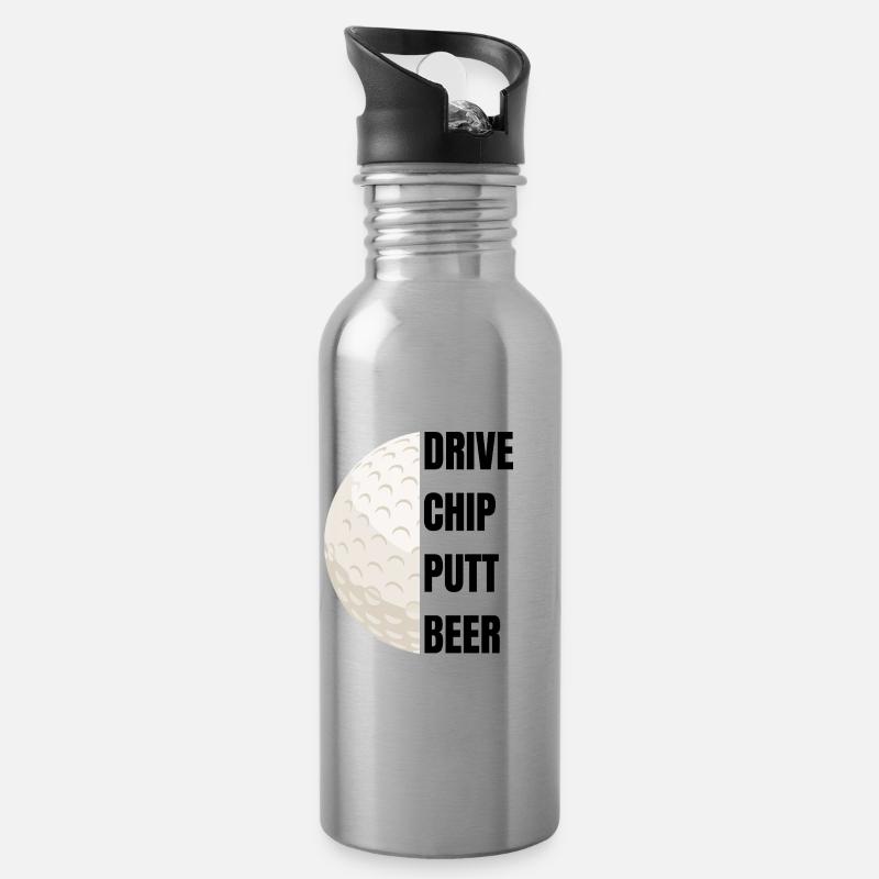 Drive Chip Putt Beer – Golfslogan - Trinkflasche mit integriertem Trinkhalm - Lightsilver