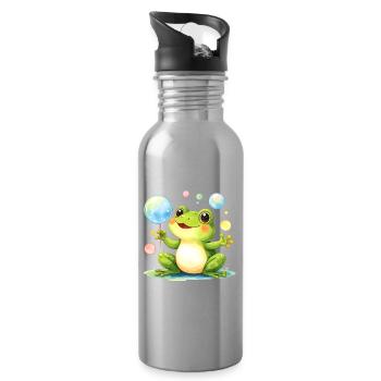 Green Kawaii Frog with Soap Bubbles – Cute - Water bottle with straw - silver - Right
