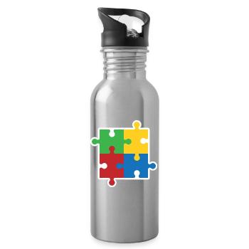 Autism Puzzle Icon - Water bottle with straw - silver - Right