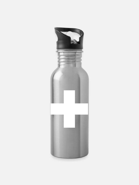 Schweizerkreuz, weisses Kreuz, Schweizer Fahne - Trinkflasche mit integriertem Trinkhalm - Lightsilver