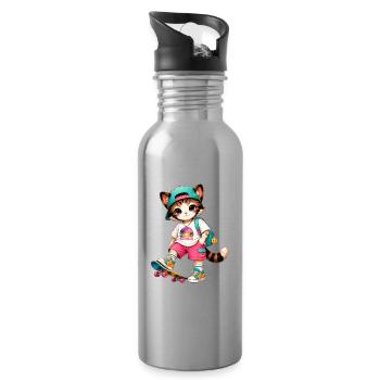 Kitten Summer Skateboarding - Water bottle with straw - silver - Right