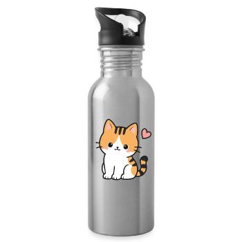 Kawaii Cute Orange Tabby Cat With Heart - Water bottle with straw - silver - Right