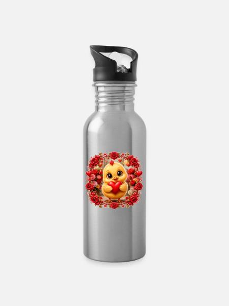 Huhn mit Herz - Trinkflasche mit integriertem Trinkhalm - Lightsilver