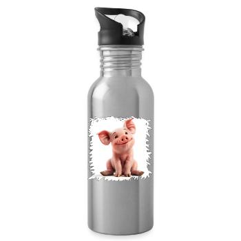 Fröhliches Schweinchen Cartoon - Trinkflasche mit integriertem Trinkhalm - Lightsilver - Rechts