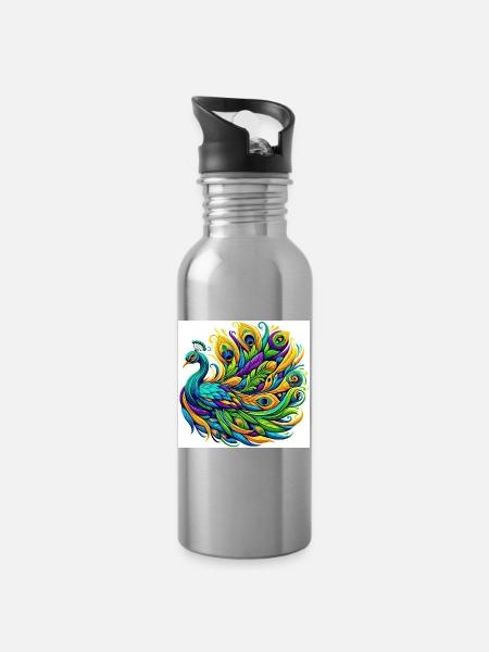 Pfau - Trinkflasche mit integriertem Trinkhalm - Lightsilver