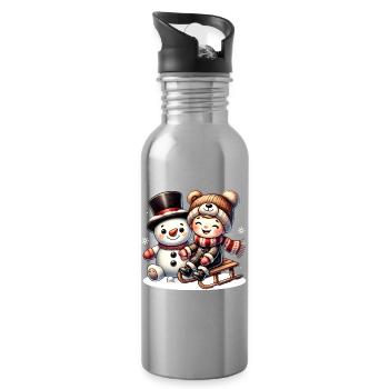 Snowman and laughing child – pure winter joy - Water bottle with straw - silver - Right