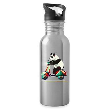 cuter panda on a colorful scooter - Water bottle with straw - silver - Right