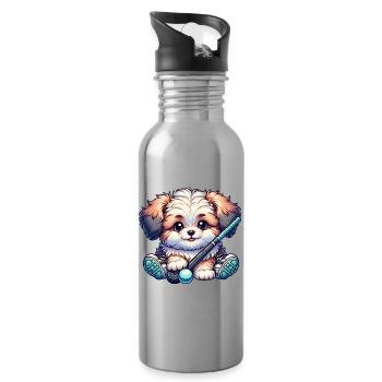 Cute dog with field hockey stick and ball - Water bottle with straw - silver - Right