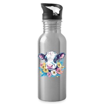 Vache avec couronne de fleurs aux couleurs vives - Gourde avec paille intégrée - argent clair - Droite