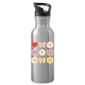 Pastel Daisy Bows Heart Pattern - Water bottle with straw - silver - Right