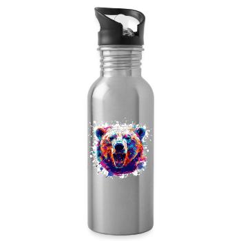 Bunter Bärenkopf PopArt - Trinkflasche mit integriertem Trinkhalm - Lightsilver - Rechts