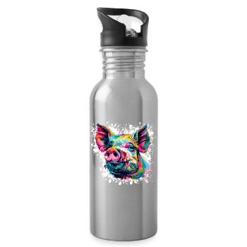 Pop Art Pig Head Color Explosion - Water bottle with straw - silver - Right