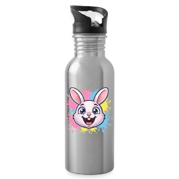 Happy Bunny Illustration with Paint Splashes - Water bottle with straw - silver - Right