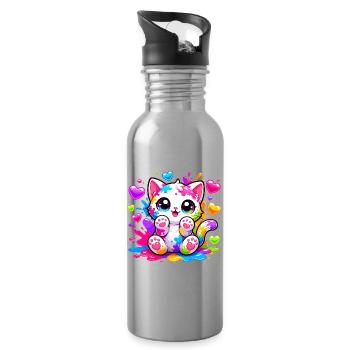 Cat Art Color Explosion - Water bottle with straw - silver - Right