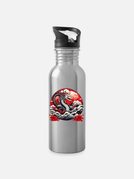 Japanischer Drachen - Trinkflasche mit integriertem Trinkhalm - Lightsilver