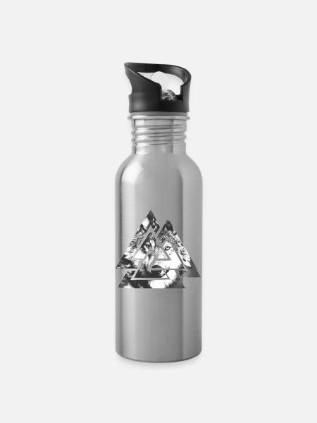 Valknut, Symbol von Odin - Mit Wolf - Trinkflasche mit integriertem Trinkhalm - Lightsilver