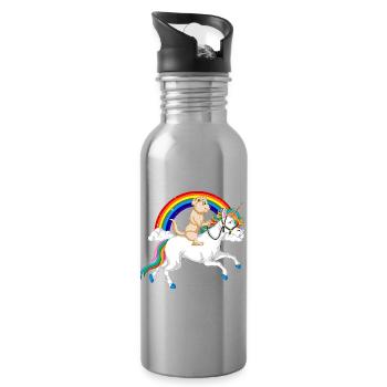 Whimsical Unicorn & golden retriever under Rainbow - Water bottle with straw - silver - Right