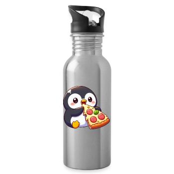 Cute Penguin Cartoon Pizza Food Chill Lazing - Water bottle with straw - silver - Right