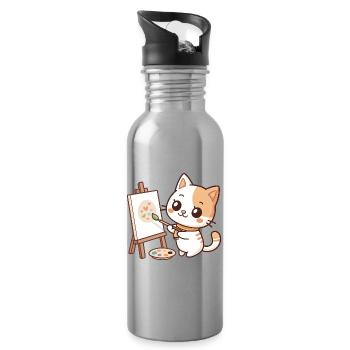 Kawaii Painter Cat on Pastel Palette - Water bottle with straw - silver - Right
