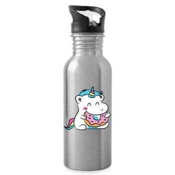 Kawaii Unicorn Hippo with Donut - Water bottle with straw - silver - Right