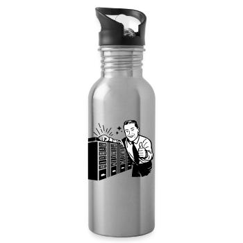 Retro IT Admin Smiling – Vintage Tech Support - Water bottle with straw - silver - Right