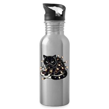 Grumpy Christmas Cat. Meow but please without tinsel - Water bottle with straw - silver - Right