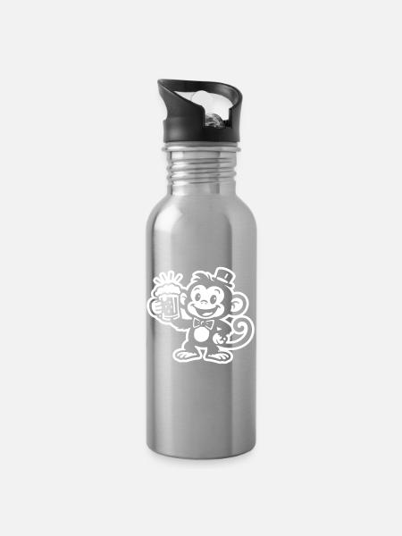 Affe mit Bierkrug Weiß - Trinkflasche mit integriertem Trinkhalm - Lightsilver