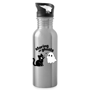 Süße Katze trifft Geist | Minimal Halloween Motiv - Trinkflasche mit integriertem Trinkhalm - Lightsilver - Rechts