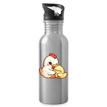 Mother hen cuddles with her little chick - Water bottle with straw - silver - Right
