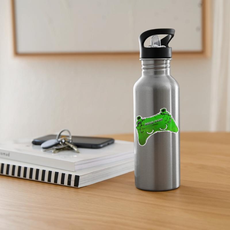 green comic controller with text GAME OVER Water bottle with straw