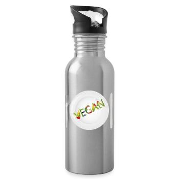 Plate with VEGAN lettering made of fruit & vegetables - Water bottle with straw - silver - Right