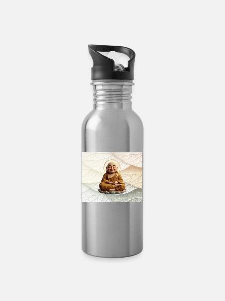 Buddha auf Blattmuster - Trinkflasche mit integriertem Trinkhalm - Lightsilver