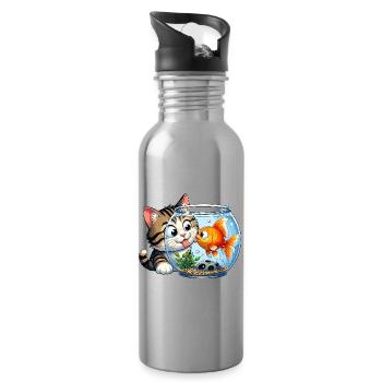 Kätzchen küsst Goldfisch im Glas - Trinkflasche mit integriertem Trinkhalm - Lightsilver - Rechts