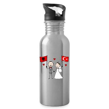 Wedding Couple Albania Turkey Flag - Water bottle with straw - silver - Right
