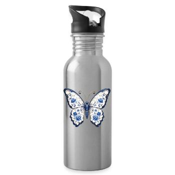 Blaues Blüten-Schmetterling Motiv - Trinkflasche mit integriertem Trinkhalm - Lightsilver - Rechts