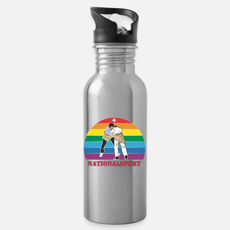 Schweizer Schwinger Schwingen im Vintage  Design - Trinkflasche mit integriertem Trinkhalm - Lightsilver