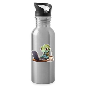 Gecko Home Office Coffee Laptop Funny Shirt - Water bottle with straw - silver - Right