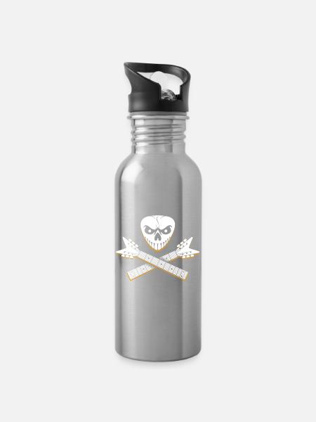 Skull and Crossed Guitar Designs - Water bottle with straw - silver