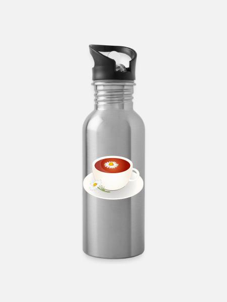 Kamillentee Motiv mit Blüte in eleganter Tasse - Trinkflasche mit integriertem Trinkhalm - Lightsilver