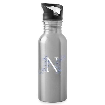 Blue Floral N Monogram - Water bottle with straw - silver - Right