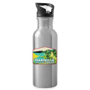 Retro badge, Marseille France Les Calanques - Water bottle with straw - silver - Right