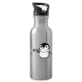 Drôle de pingouin avec des coeurs de pistolet Saint-Valentin - Gourde avec paille intégrée - argent clair - Droite