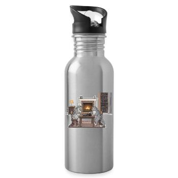 Cozy fireplace room with chess and cat - Water bottle with straw - silver - Right