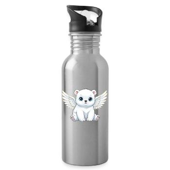 Cute Polar Bear Angel with Wings Cartoon Smile - Water bottle with straw - silver - Right